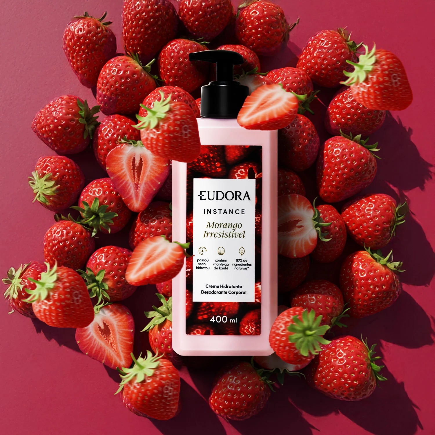 Eudora Instance Morango Irresistível: Creme Hidratante Desodorante Corporal 400ml